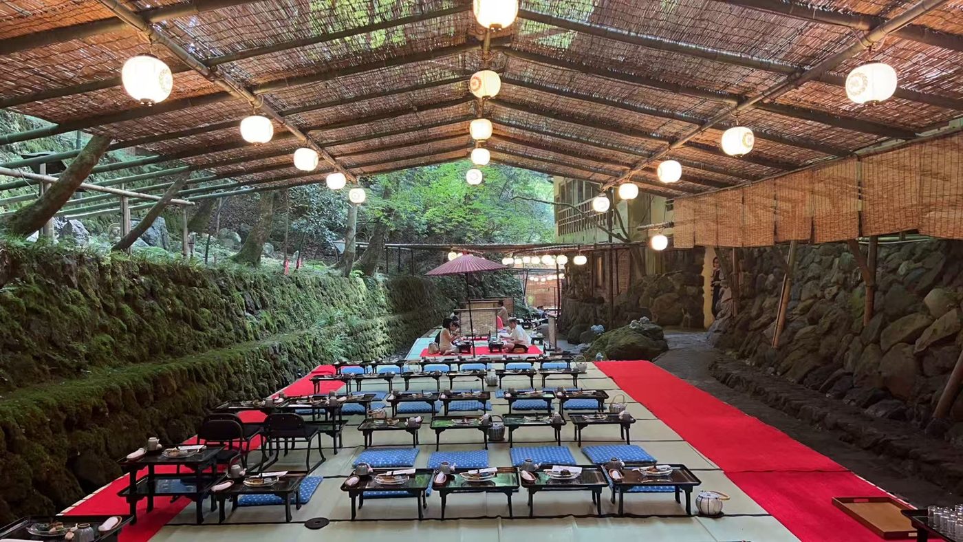 Riverside kawadoko dining under lanterns, Kibune, Kyoto